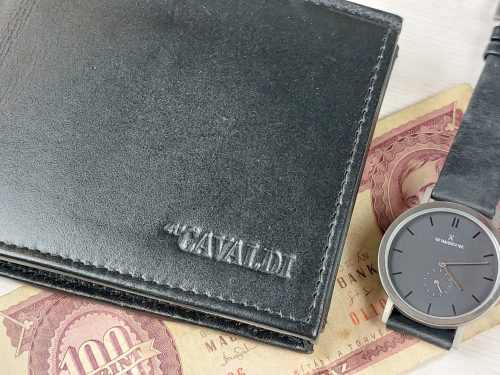 FÉRFI VALÓDI BŐR PÉNTÁRCA CAVALDI FEKETE SZÍNBEN, EREDETI DÍSZDOBOZBAN (RFID VÉDELEMMEL)