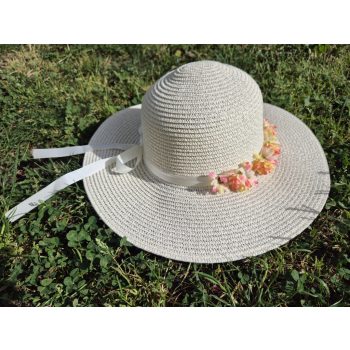 Női nyári szalmakalap, masnival, apró virágokkal 57 cm, 